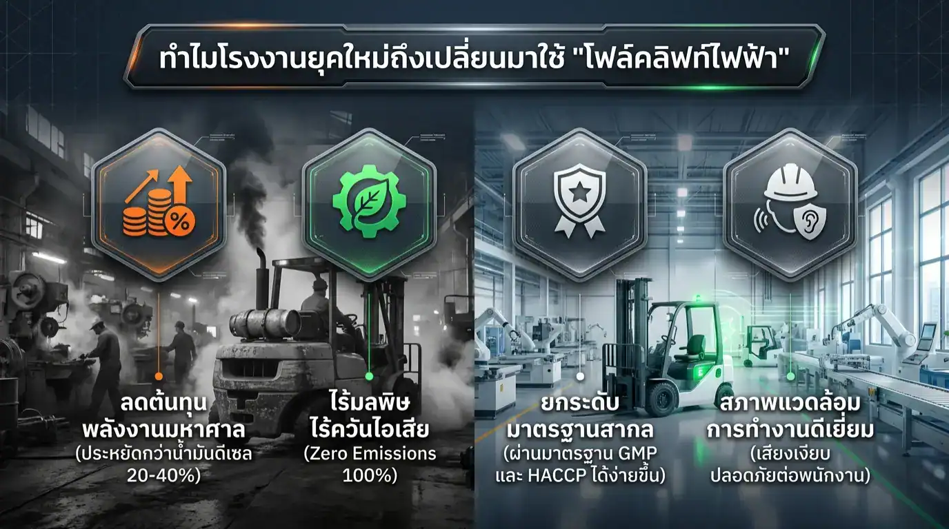 ทำไมโรงงานยุคใหม่ ถึงเปลี่ยนมาใช้ รถโฟล์คลิฟท์ไฟฟ้า ยกของในโรงงาน บริษัท กู๊ด แอนด์ ริช เพาเวอร์พลัส บริษัทขาย รถโฟล์คลิฟท์ไฟฟ้า