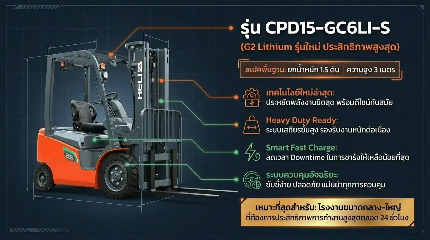 ขายรถโฟล์คลิฟท์ไฟฟ้า แบรนด์ HELI G2 CPD15-GC6LI-S/G2 Sesies Lithium-ion Battery แบตเตอรี่ลิเธียม เริ่มต้น 1.5ตัน ถึง 10ตัน บริษัท กู๊ด แอนด์ ริช เพาเวอร์พลัส บริษัทขาย รถโฟล์คลิฟท์ไฟฟ้า sale Electric Forklift 電動叉車