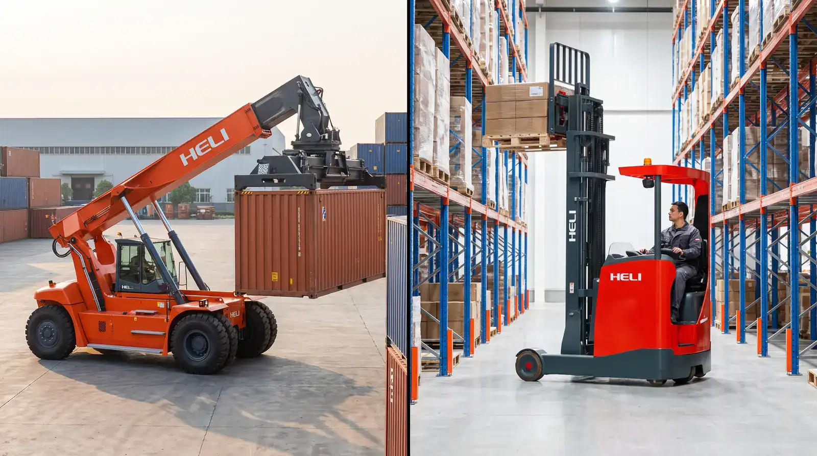 เทียบ Reach Stacker ในลานตู้กับ Reach Truck ในคลังสินค้า