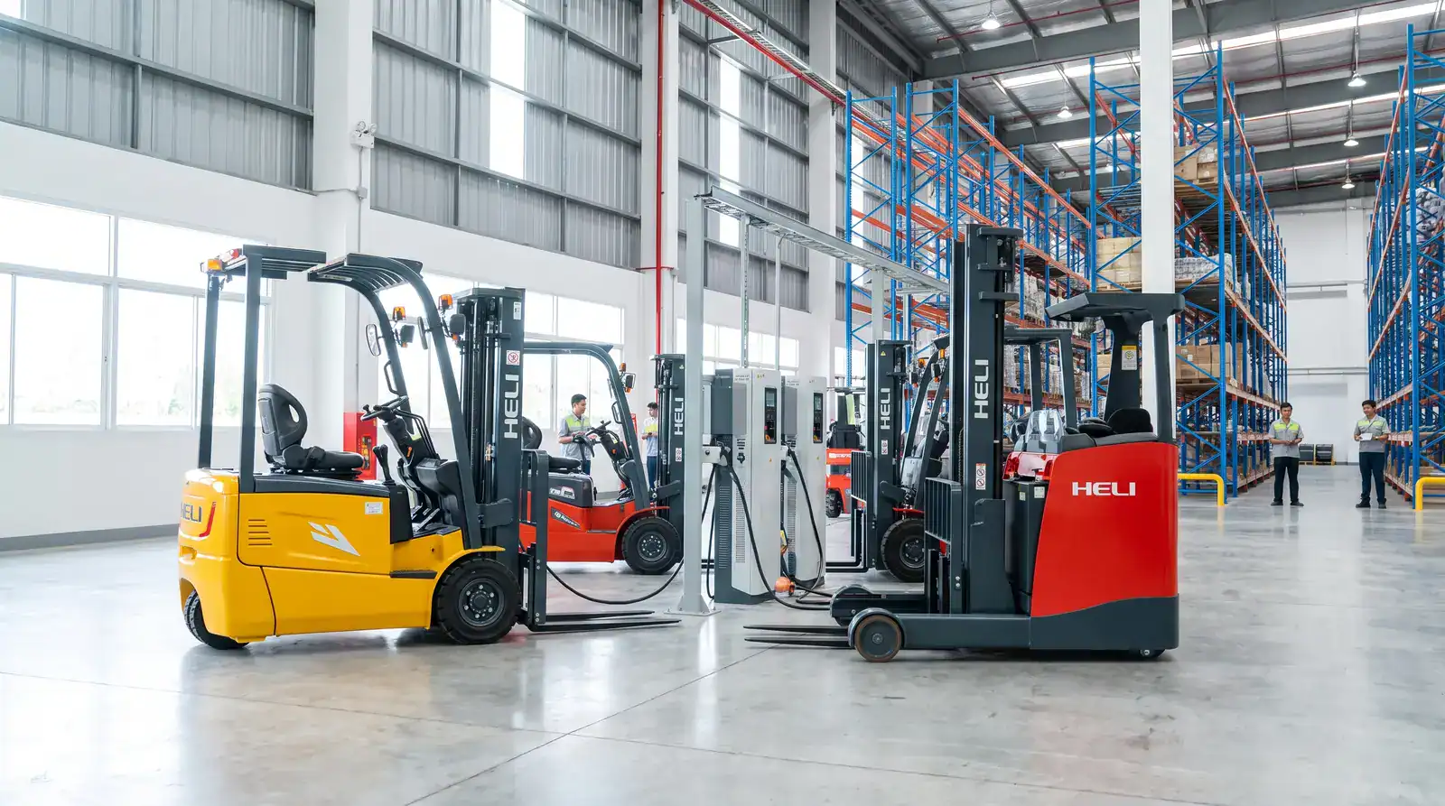 รถโฟล์คลิฟท์ไฟฟ้าและ Reach Truck ชาร์จแบตที่สถานีชาร์จ