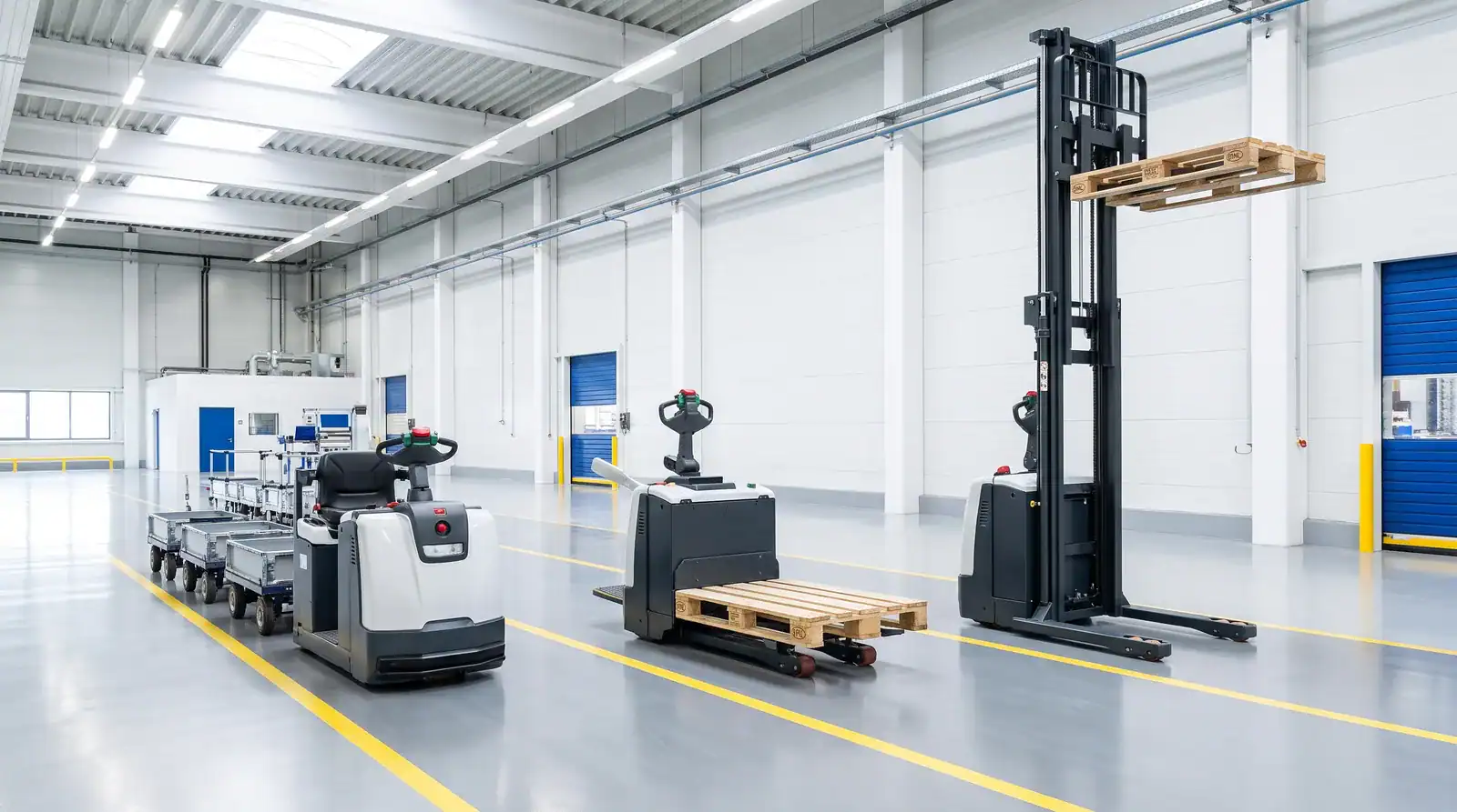 รถ AGV หลายประเภท รถลากจูง รถลากพาเลท และรถสแตกเกอร์อัตโนมัติ