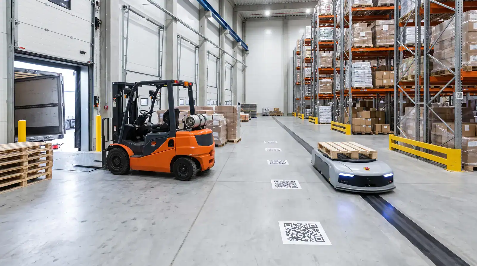 รถโฟล์คลิฟท์มีคนขับเทียบกับรถ AGV วิ่งตามเส้นนำทางในคลังสินค้า